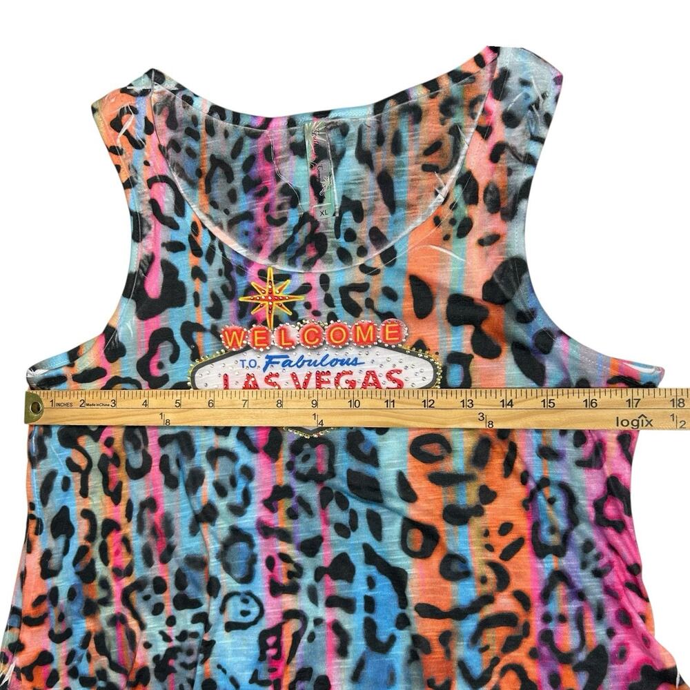 Y2K Women XL Rainbow Cheetah Las Vegas Nevada Graphic Tank Top Rhinestone Bling - Picture 7 of 8